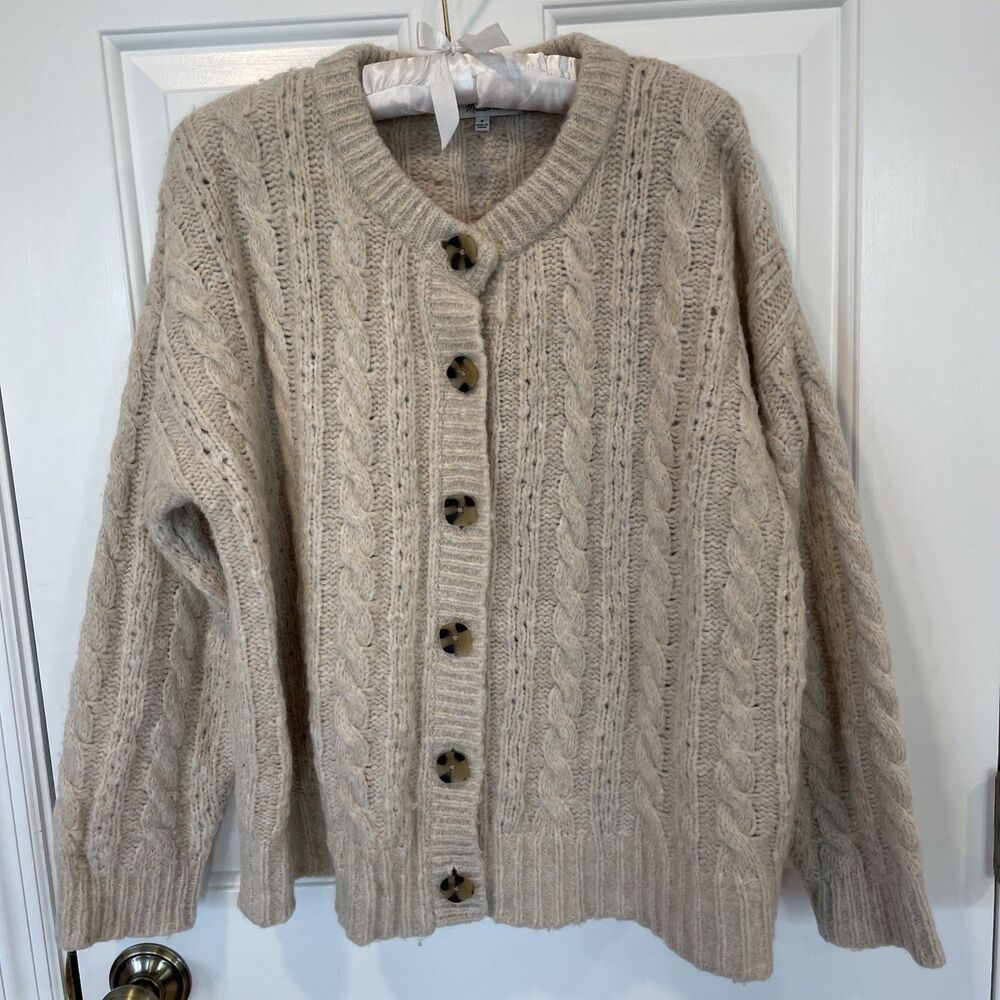 Madewell Pointelle Cable Cardigan Sweater M Oatmeal Wool Blend Oversized Prep - Picture 6 of 8